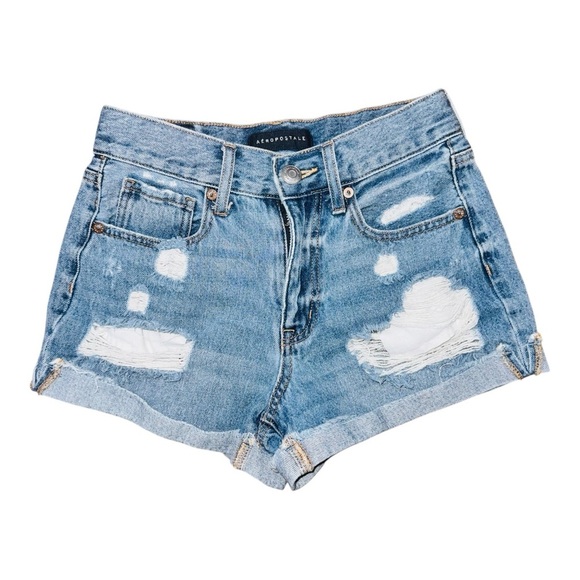 Aeropostale Blue Jean Shorts High-Waisted Distressed - Picture 1 of 6